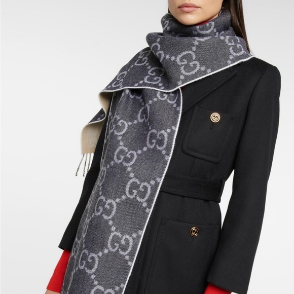 Gucci Accessories - Gucci GG Monogram Grey/Ivory Reversible Wool Fringe Scarf + Box